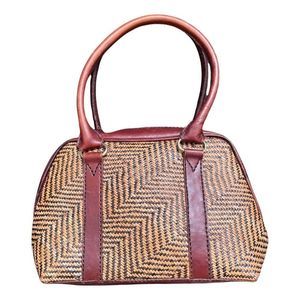 Vintage Leather Woven Wicker Brown Tan Purse Satchel Handbag
